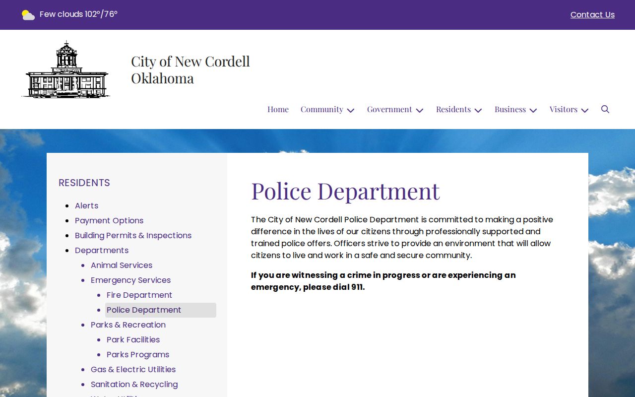Screenshot of the official City of Cordell Police Department page
