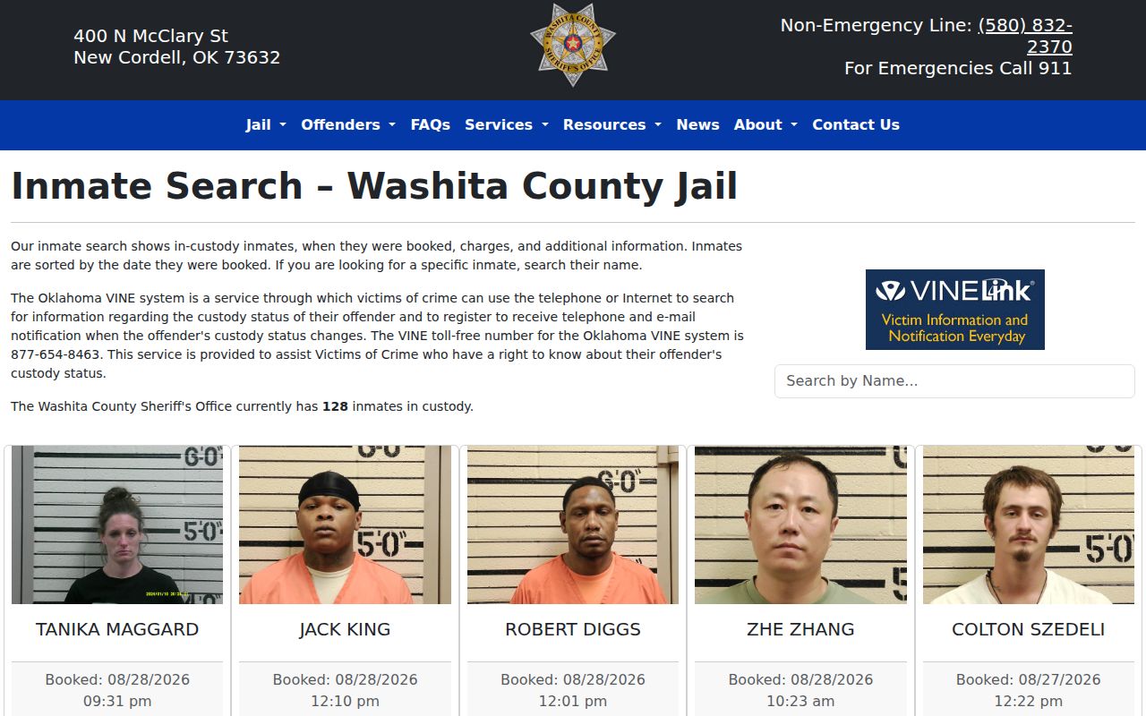 Washita County current-custody inmate search and booking record interface