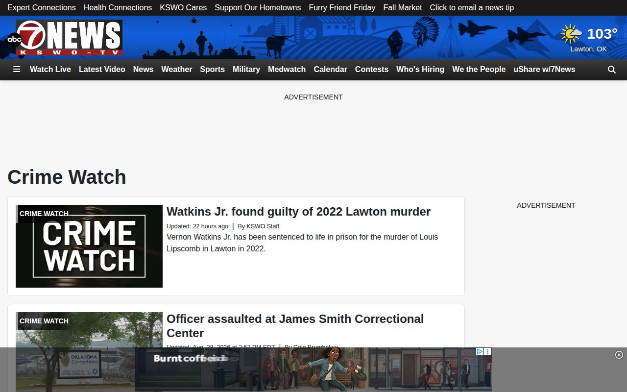 Washita County regional crime news source KSWO Crime Watch interface