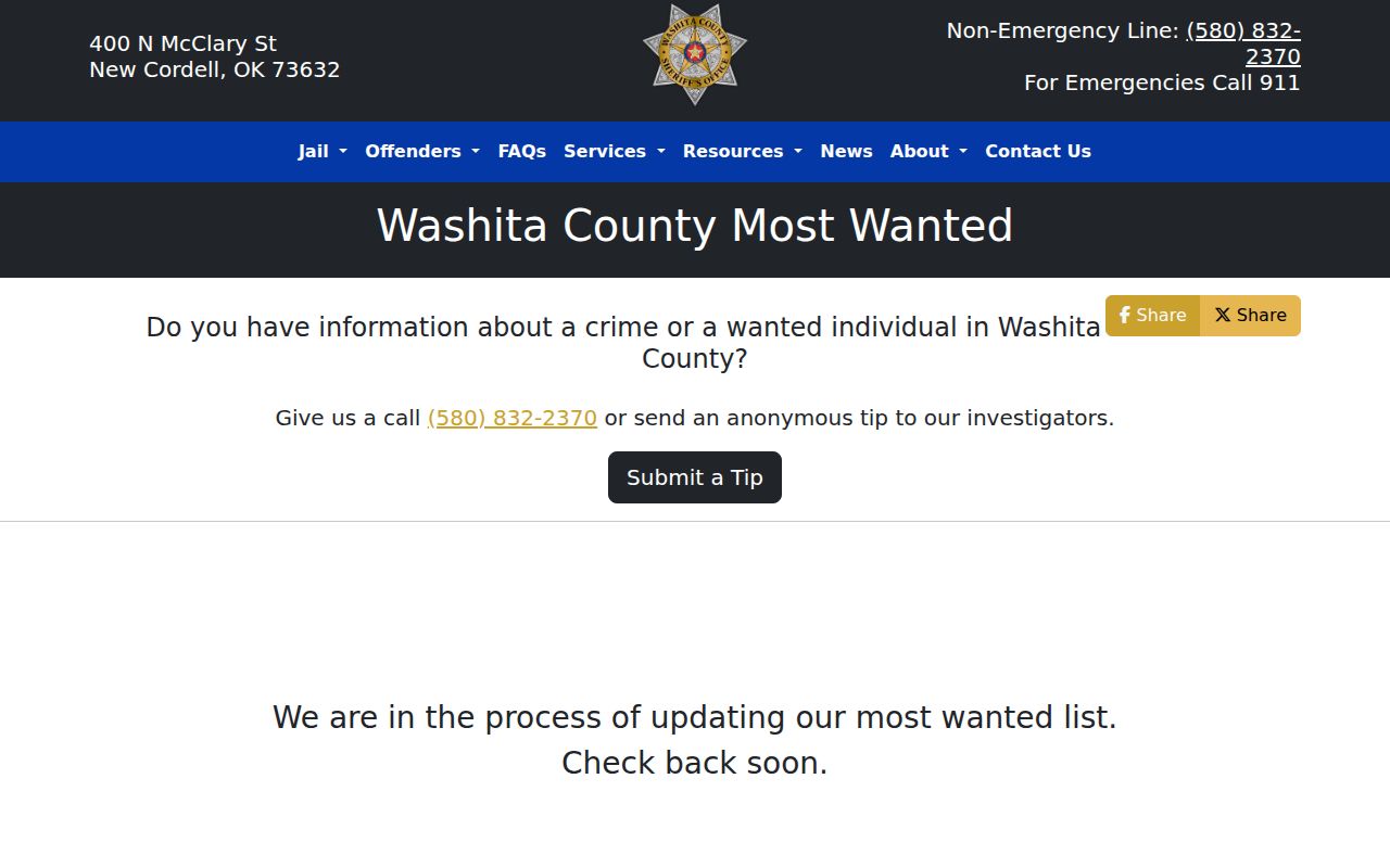 Washita County sheriff official wanted-list interface